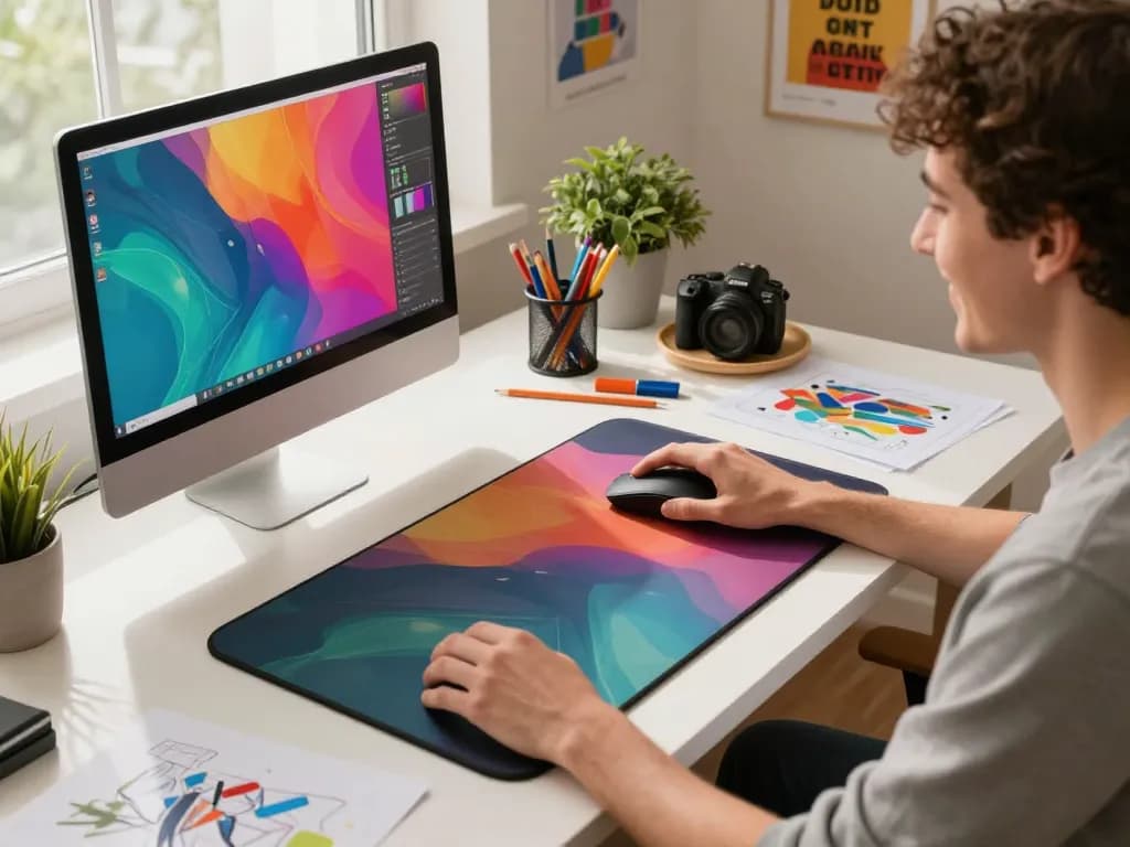 Custom 3D mouse pad designed by a creative individual, showcasing vibrant colors and ergonomic wrist support in a modern workspace.