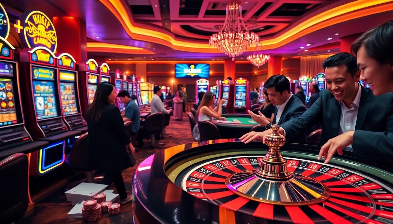 Engage in thrilling depo 5k slot gambling at an exquisite casino filled with vibrant lights and excitement.
