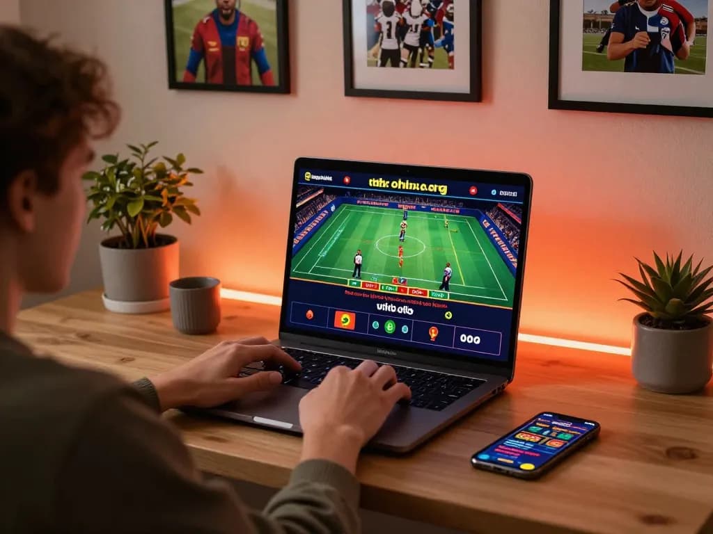 Person gaming online at home using a laptop and smartphone for betting on https://nddo.org with a warm ambiance.