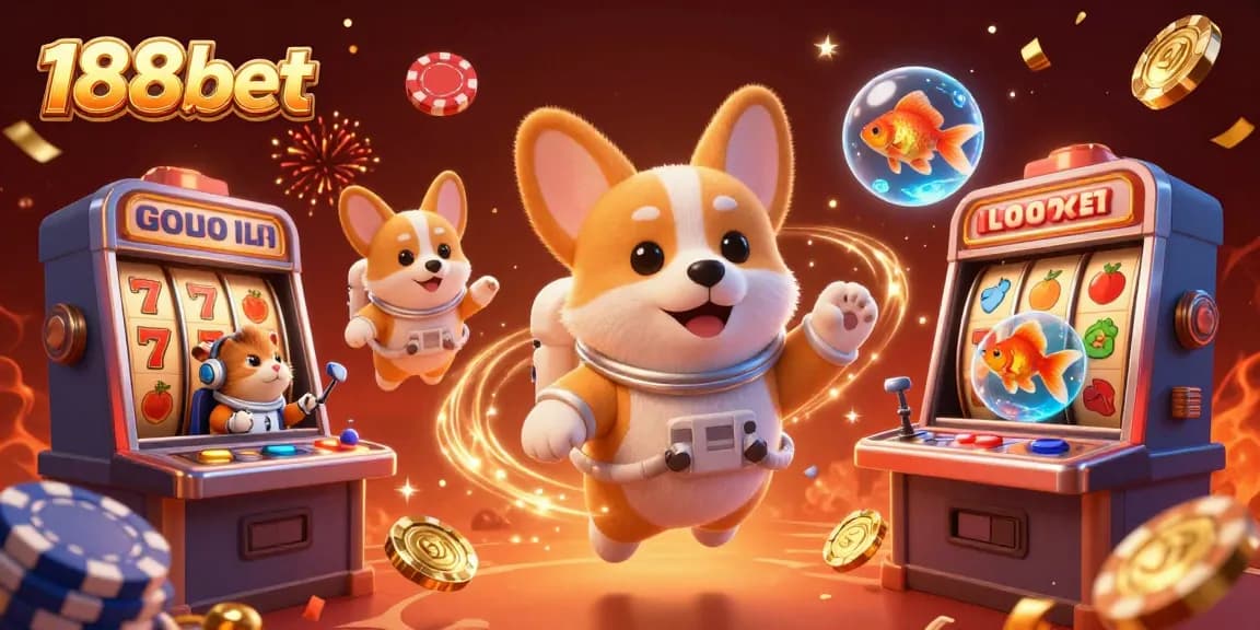 Engage with 188bet in a vibrant casino scene featuring a 3D astronaut corgi and dynamic slot elements.
