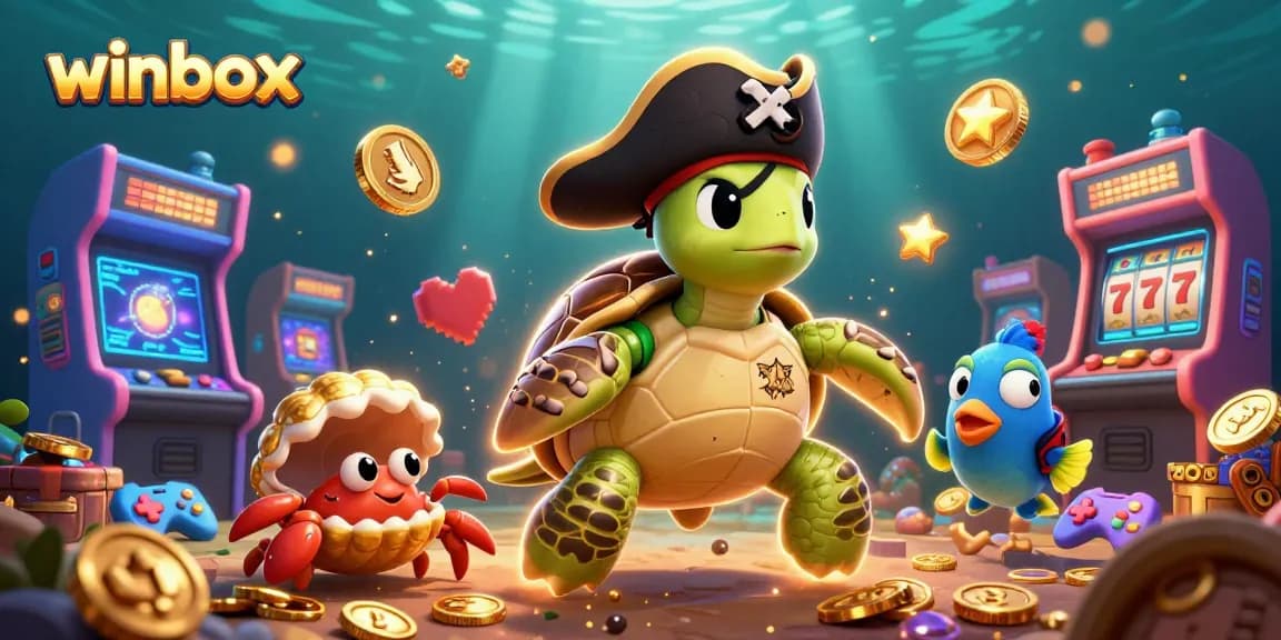 Experience winbox's thrilling casino adventures with a vibrant pirate turtle and friends in this dynamic scene.