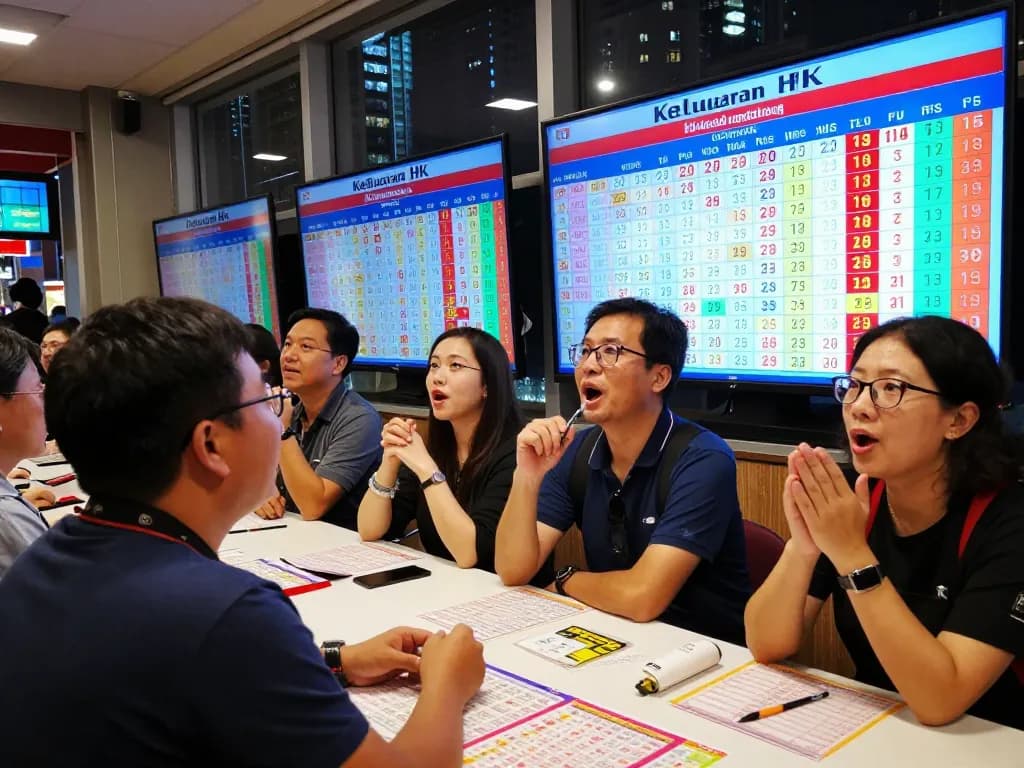 Keluaran HK players eagerly watching a live lottery draw in Hongkong, capturing excitement and vibrant atmosphere.
