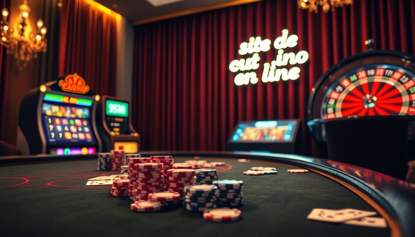 Participez à l'atmosphère vibrante d'un site de casino en ligne, mettant en vedette une table de poker et une machine à sous.