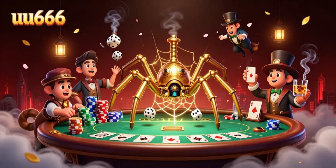 Engage with exciting uu666 gameplay featuring a golden spider and poker elements in a dynamic casino scene.