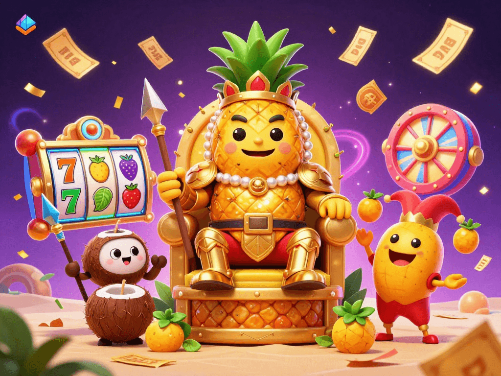 Engage with slot gacor amid a vibrant 3D casino scene featuring a golden pineapple king and dynamic slot elements.