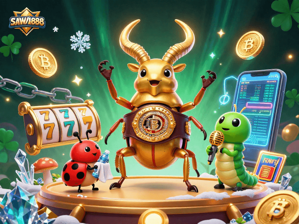 Experience SAWA888 thrills with captivating slot games and crypto elements in a vibrant illustration.