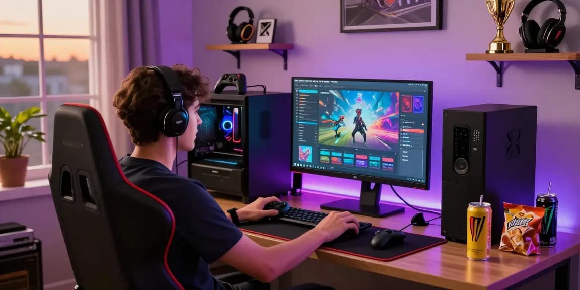 Player enjoying GARUDA303 gaming platform in a vibrant home setup with LED lights and gaming accessories.