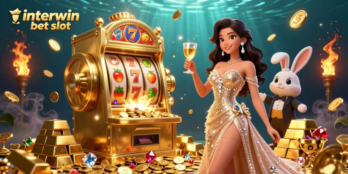 Win big with interwin bet slot at an exciting casino scene featuring a golden jackpot machine and treasures.