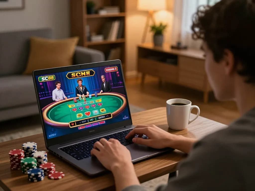 Engaged player using laptop for SC88 online casino gaming, showcasing live dealer action.