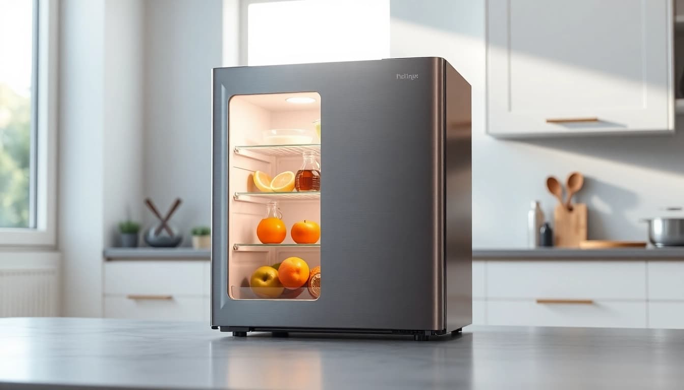 A stylish affordable mini fridge and freezer in a modern kitchen setting, showcasing its design and functionality.