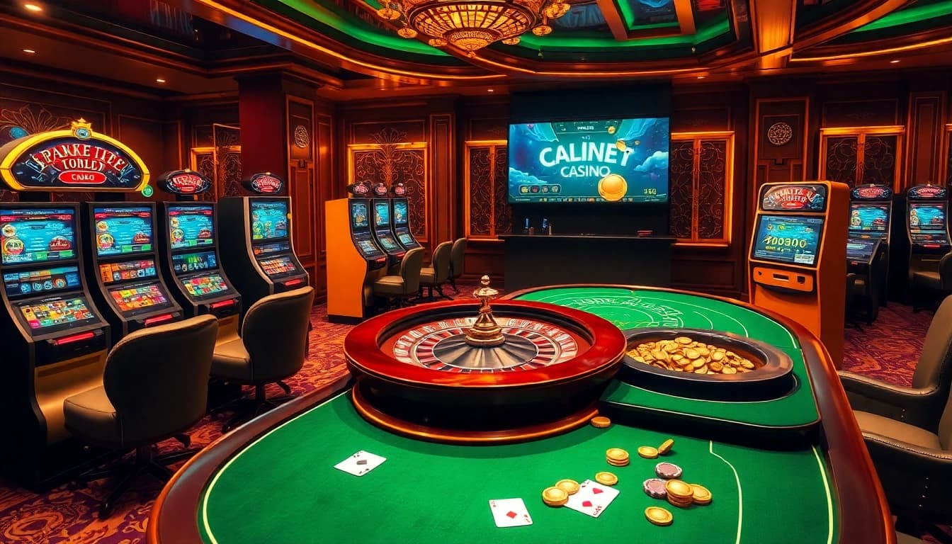Interface de jeu de casino en ligne passionnante présentant des tables vibrantes et des machines à sous sur un site de casino en ligne de premier plan.