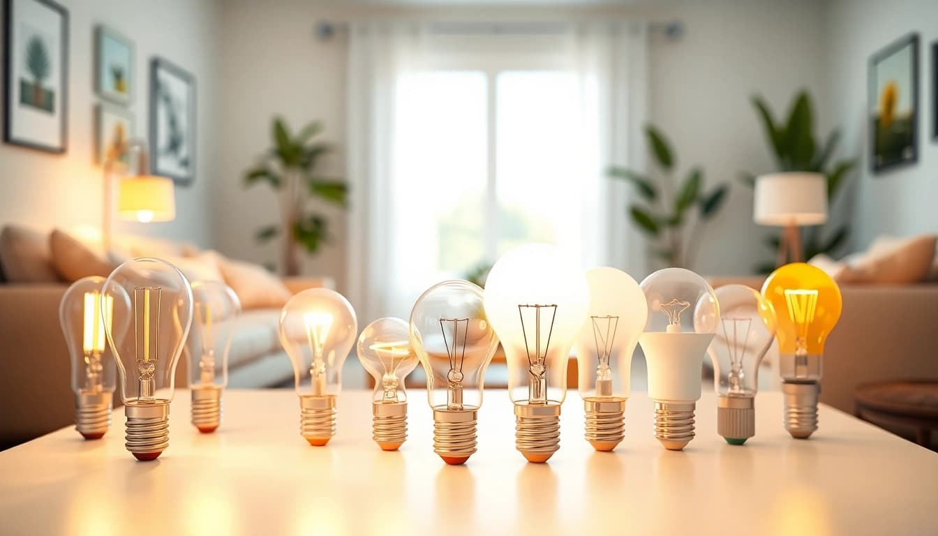 Vibrant display of various a19 bulbs illuminating a cozy modern living space with soft lighting.