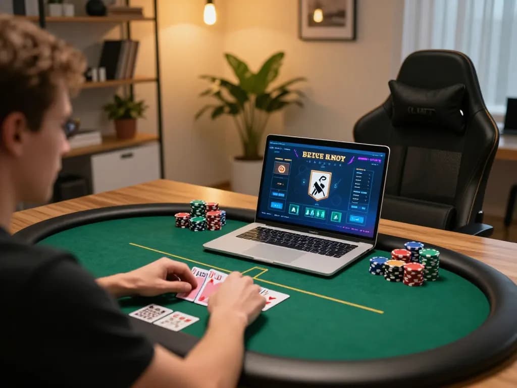 Engaged player strategizing poker on 789win com in stylish home office setup