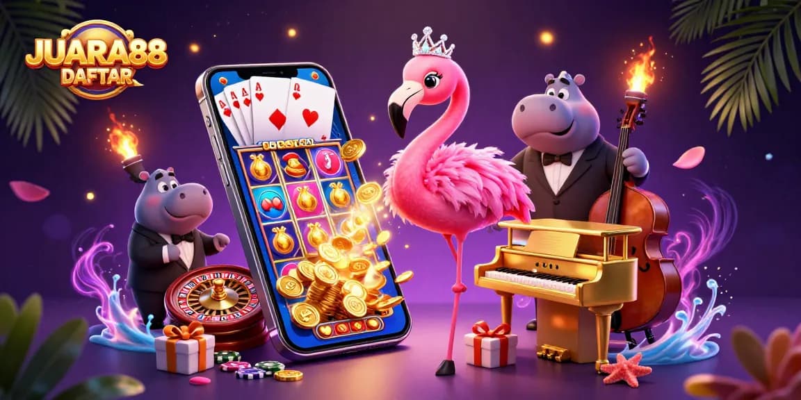 Experience the thrill of JUARA88 DAFTAR with a vibrant scene featuring a flamingo singer and dynamic gaming elements.