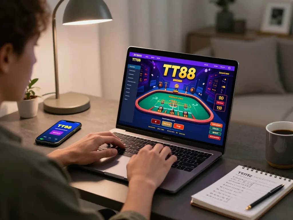Player enjoying TT88 casino experience on laptop with vibrant gaming interface and strategy notes.