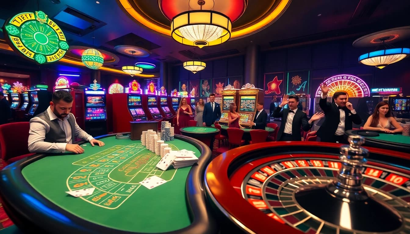 Scène de casino captivante mettant en avant des jeux à enjeux élevés et des stratégies pour casino en ligne argent réel.