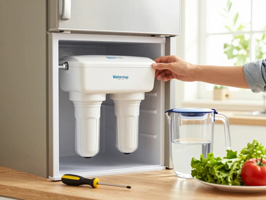 Installing Waterdrop Plus DA29-00020B NSF 401 Certified Water Filter in a bright kitchen with fresh produce.