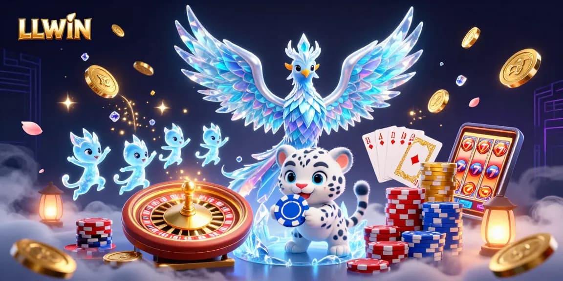 LLWIN captivates players with immersive gaming, featuring an ice phoenix and casino elements in a vibrant scene.