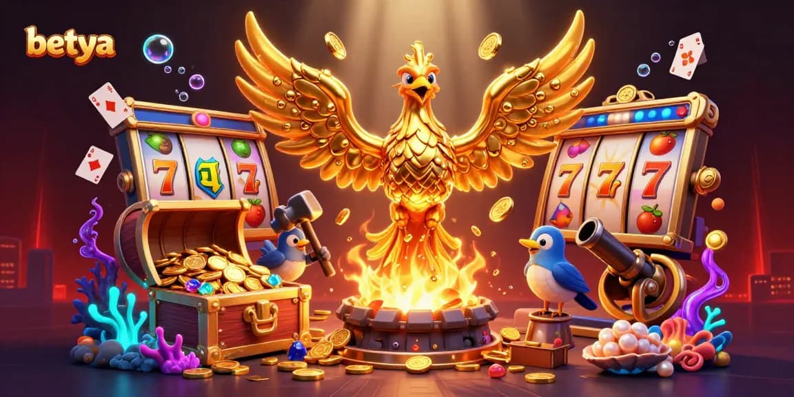 Experience thrilling slots at betya with a golden phoenix and dynamic casino elements in a 3D scene.