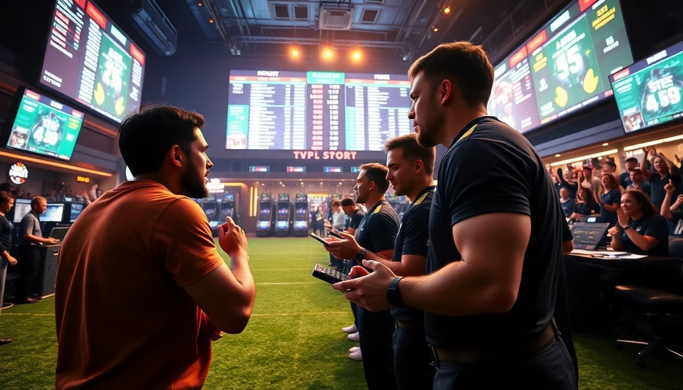 Explore online sportsbooks Texas with professional sports bettors amidst vibrant screens and excitement.