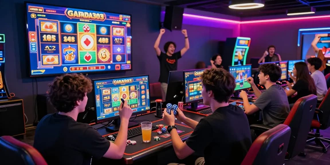 Exciting garuda303 gaming scene with players cheering in a vibrant online gaming lounge atmosphere.