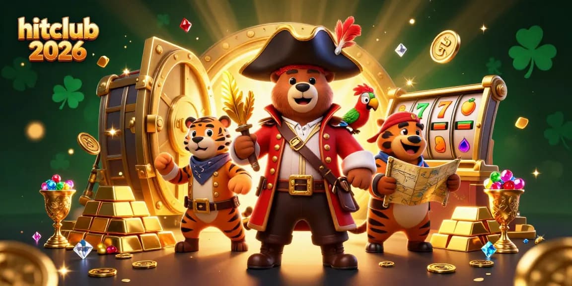 Experience the vibrant action of hitclub 2026 with a pirate-themed 3D casino illustration, featuring slot games and treasures.