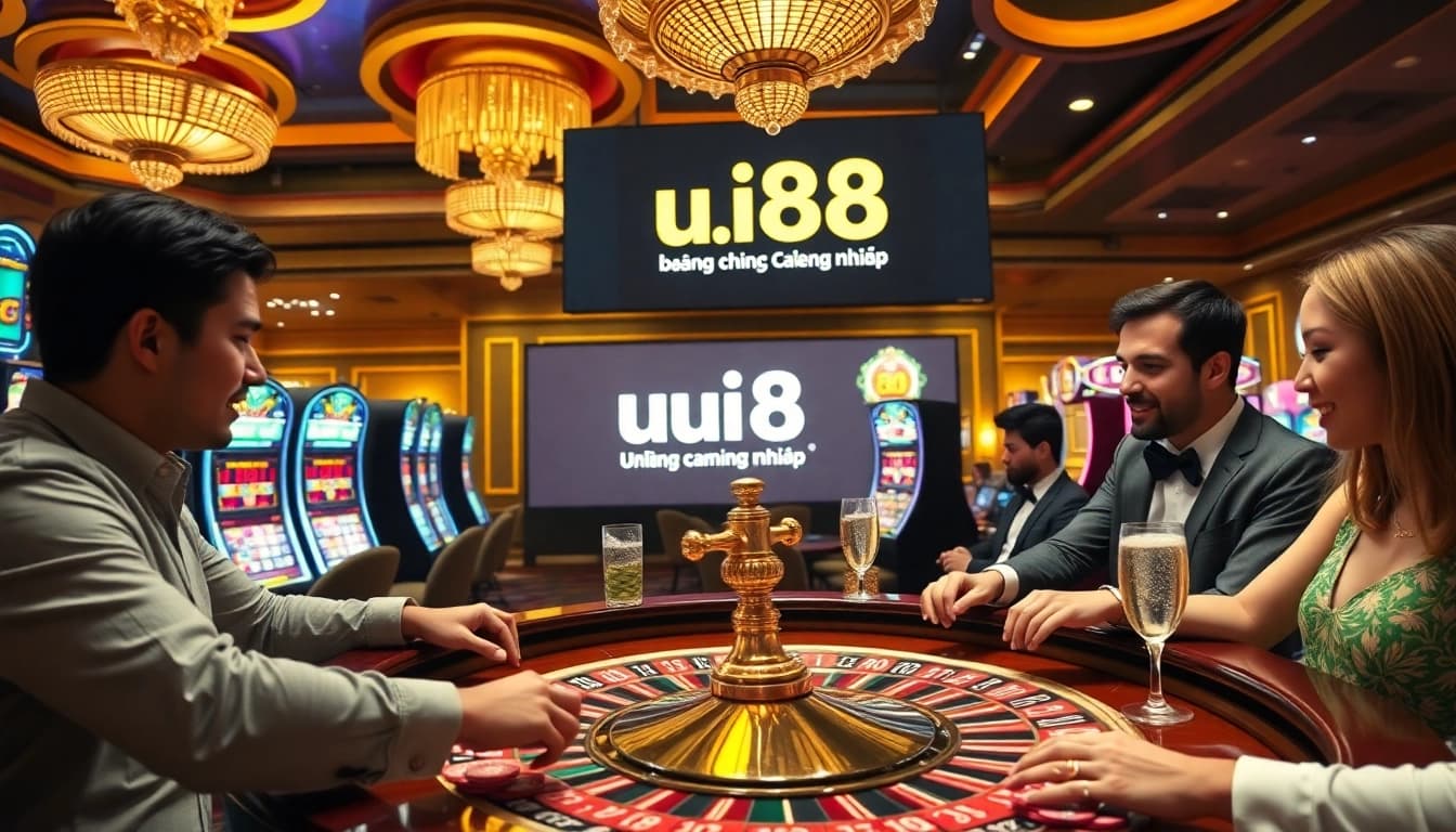 Engaging casino scene featuring players at a roulette table and emphasizing uu88 đăng nhập for online gaming.