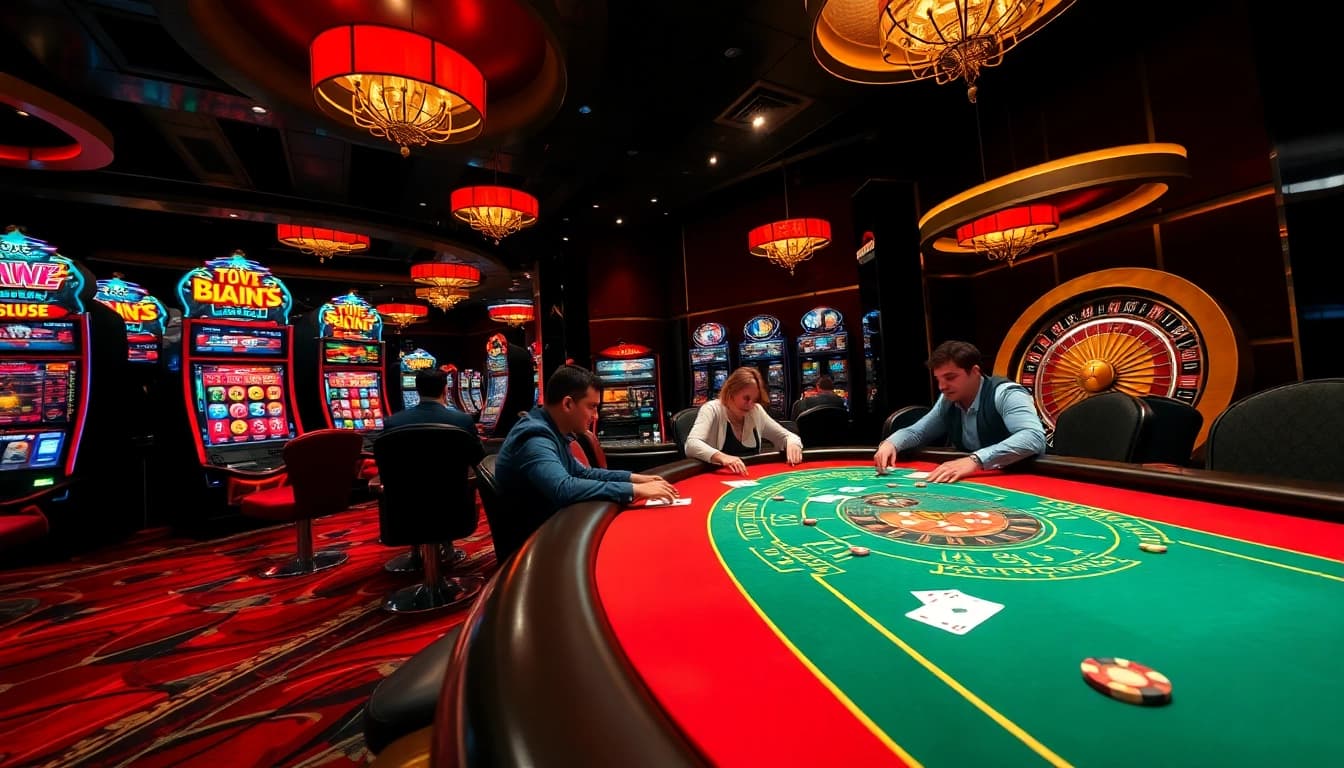 Découvrez l'excitation d'un site de casino en ligne avec des joueurs à une table de poker entourée d'éléments de jeu élégants.