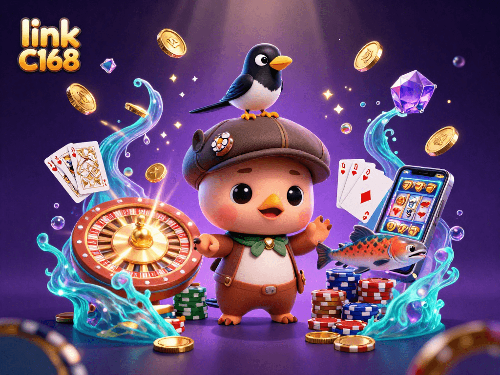 Experience thrilling wins at link C168 with a vibrant 3D scene featuring colorful characters and dazzling casino elements.