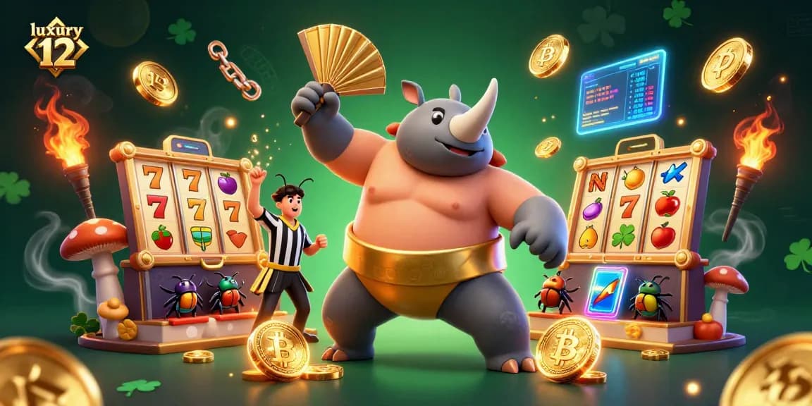 Engage with luxury 12 gameplay in an energetic casino scene featuring fun slot reels and cryptocurrency elements.