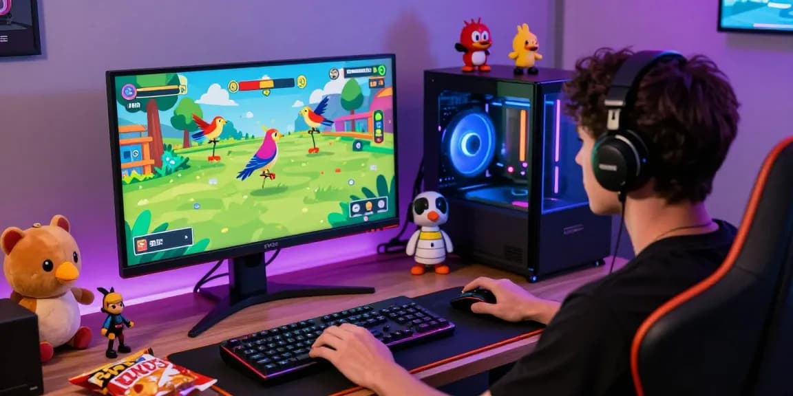Engaged player participating in the ROKOK88 virtual bird-catching game at a modern gaming setup, surrounded by vibrant gaming accessories.