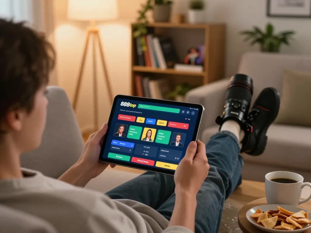 Engaging with the 888top app during a cozy home gaming session on a tablet.