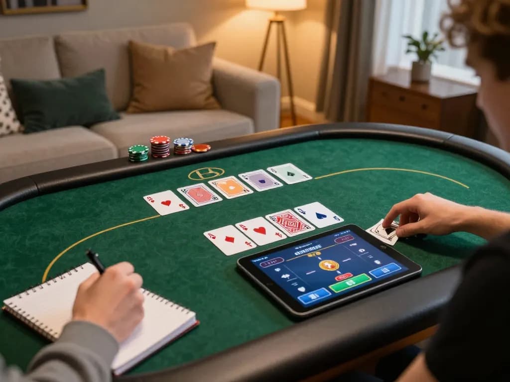 Người dùng Go88 tham gia vào trò chơi poker trực tuyến chiến lược với giao diện máy tính bảng và sổ tay ghi chú.