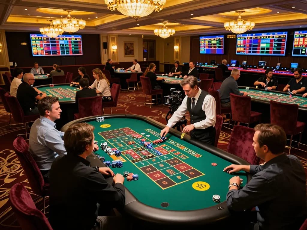 Experience the thrill of ดูหนังใหม่ at our lively casino with players strategizing their bets.