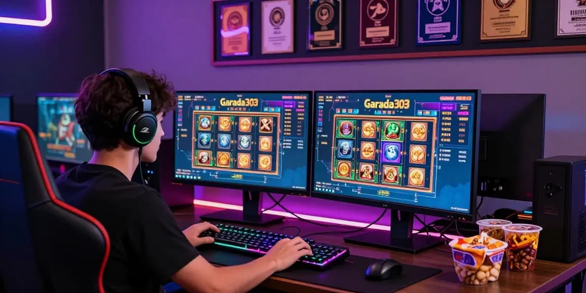 Player engaging with garuda303 online slot game on dual monitors in a colorful gaming room.