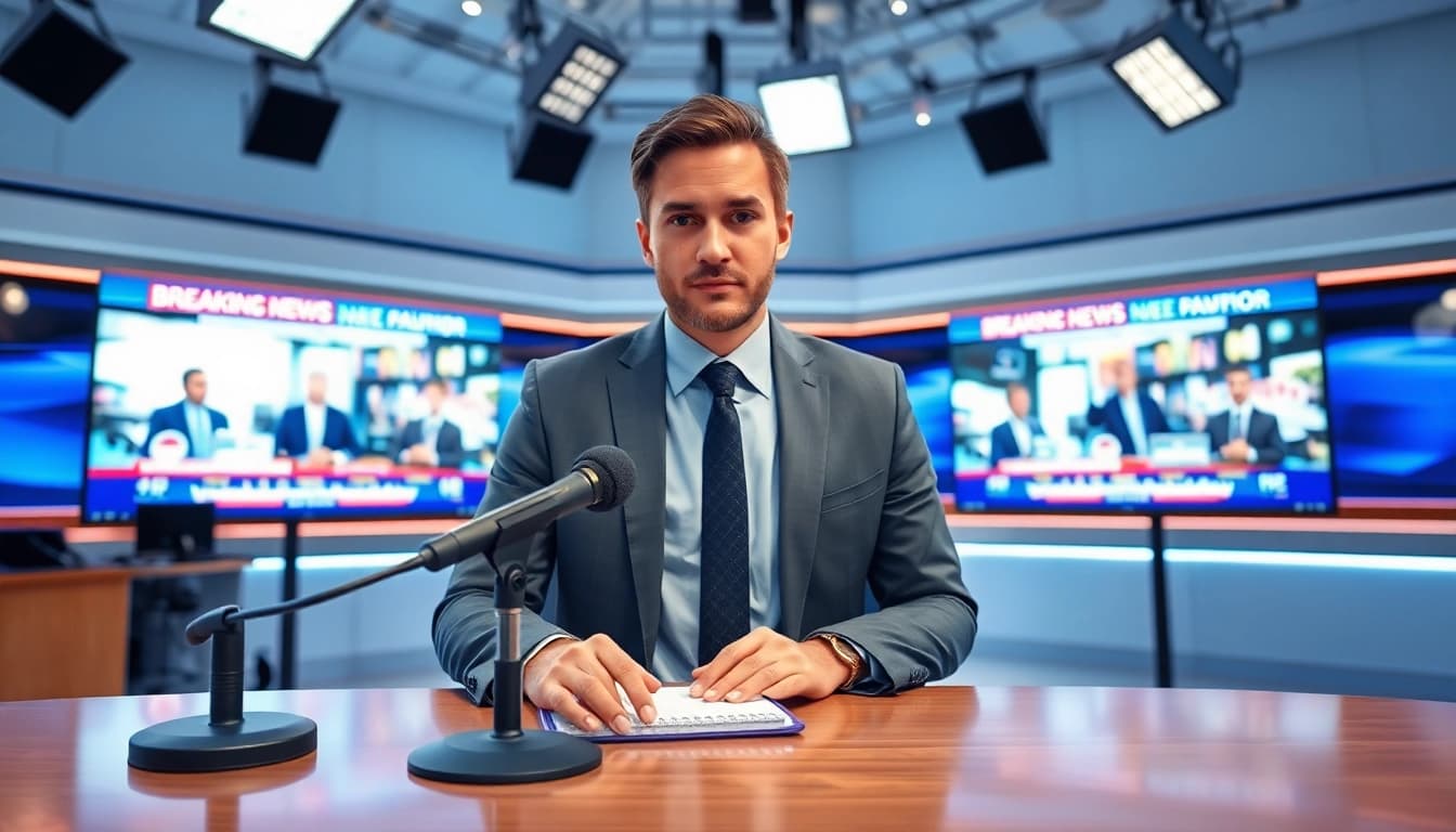 Spotlighting breaking news coverage, a journalist at a modern desk analyses the latest news.
