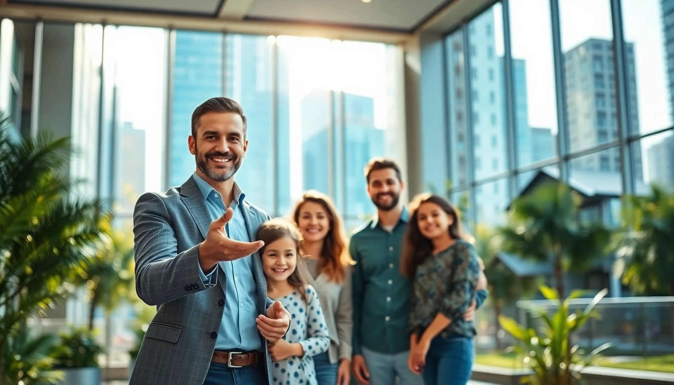 Real Estate agent engaging a family in a vibrant urban setting showcasing various properties.