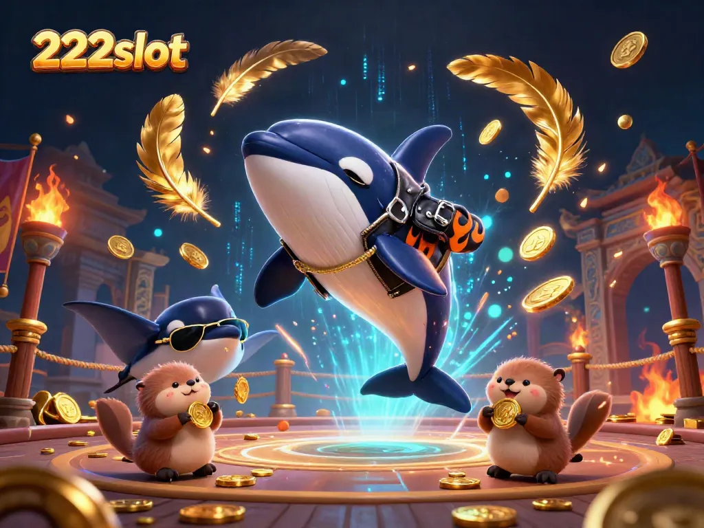Permainan slot 222slot dengan suasana dinamika hewan laut memegang koin emas.