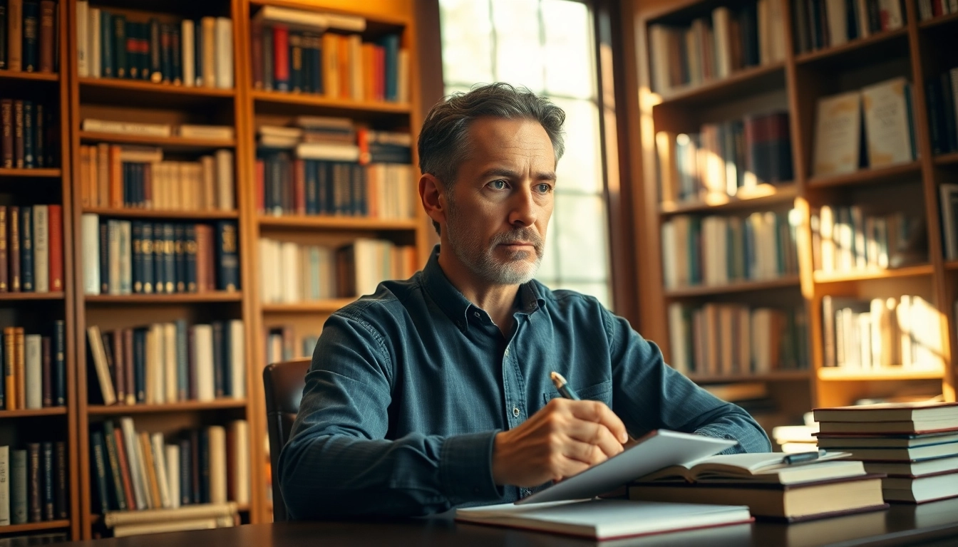Author writing a motivational memoir in a cozy library setting, surrounded by inspirational literature.