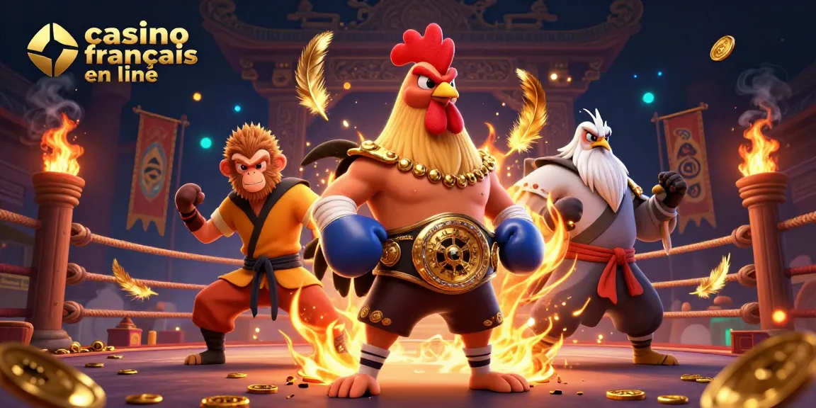 Participez au casino français en ligne dans cette illustration 3D vibrante featuring des personnages uniques et des éléments dynamiques.