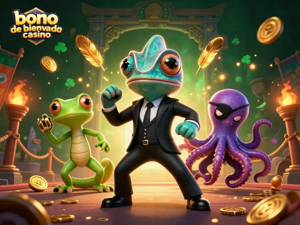 Explora el bono de bienvenida casino en una escena vibrante con personajes de casino y detalles gráficos.