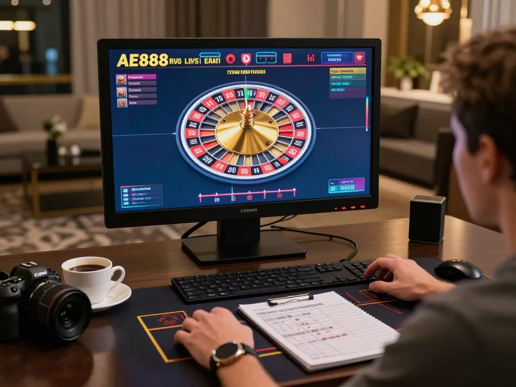 Engaged player enjoying AE888 live dealer roulette game on a sleek desktop setup, showcasing vibrant game interface.