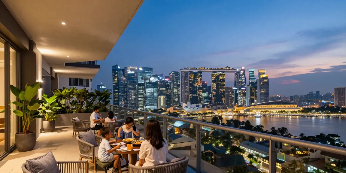 Tanjong Rhu Residences family enjoying skyline view from elegant balcony