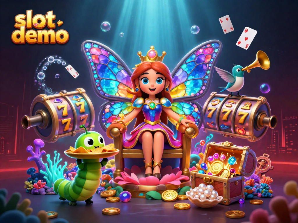 Slot demo dengan ilustrasi ratu kupu-kupu 3D dikelilingi elemen permainan kasino yang menarik.
