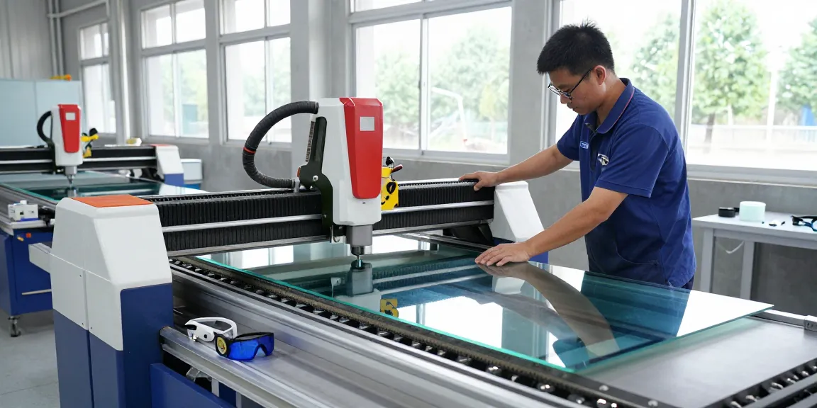 Operator using a cutting machine glass in a modern factory, showcasing precision and advanced technology.