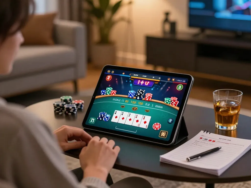 Engaging with TRANG CHỦ SC88 through an online poker game on a tablet in a cozy modern living room.