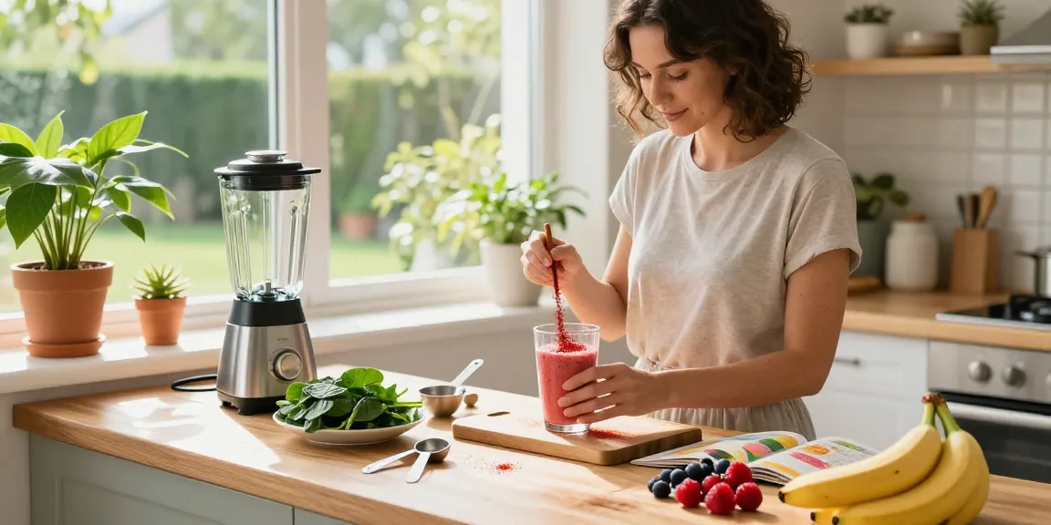 Woman preparing a smoothie with vegan astaxanthin ingredients in a bright kitchen.