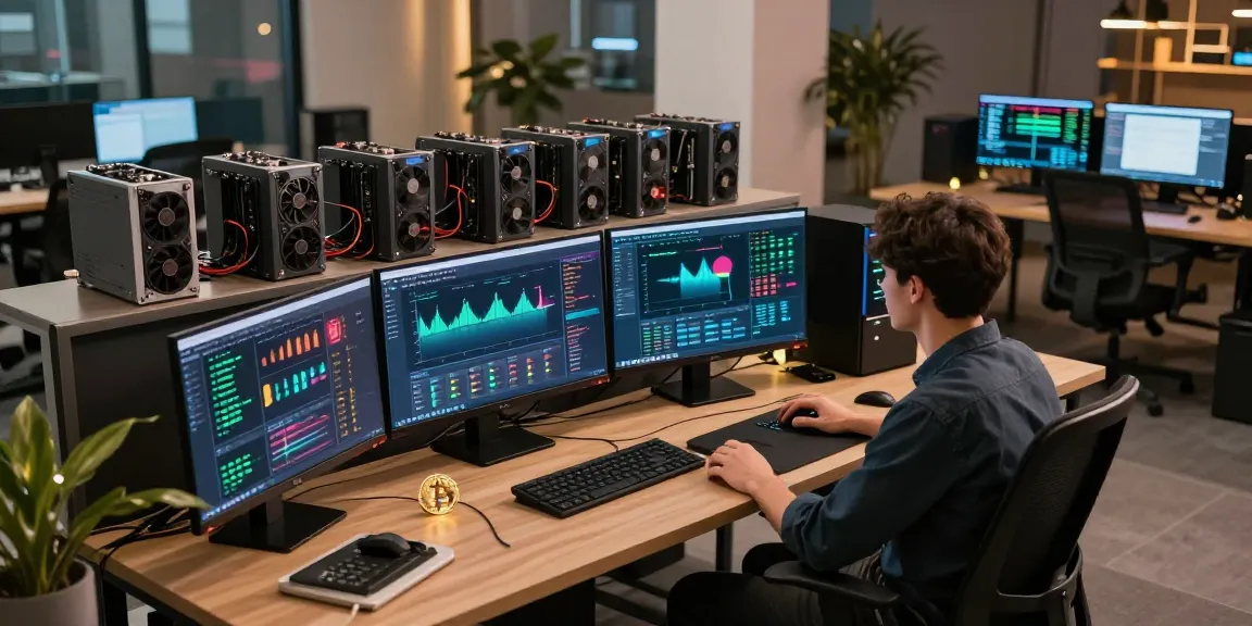 Bitcoin mining workspace with advanced technology and mining setups, showcasing cryptocurrency dashboards and blockchain networks.