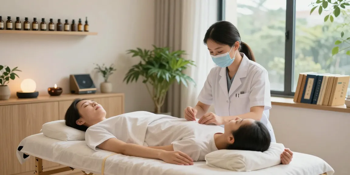 Healing therapy session at 수원한의원 with acupuncture treatment in peaceful clinic.