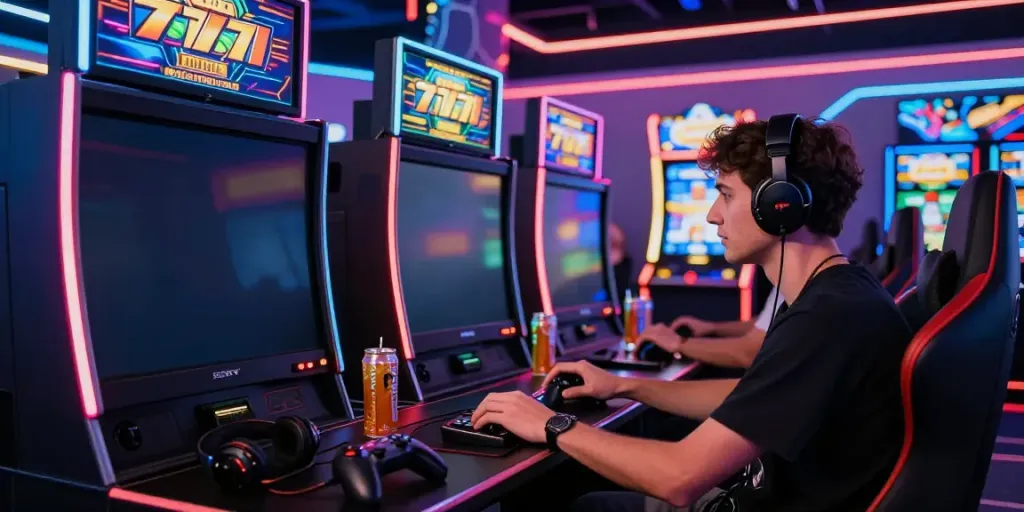 Pemain menikmati permainan slot777 dengan suasana neon cerah di sekitar.